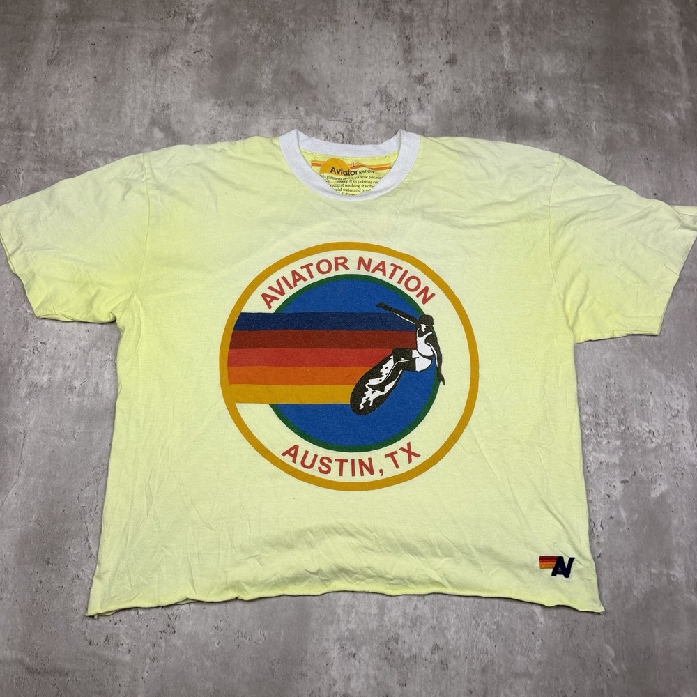 Aviator Nation Cropped T Shirt Women's Large Yellow Surf Beach Logo Graphic